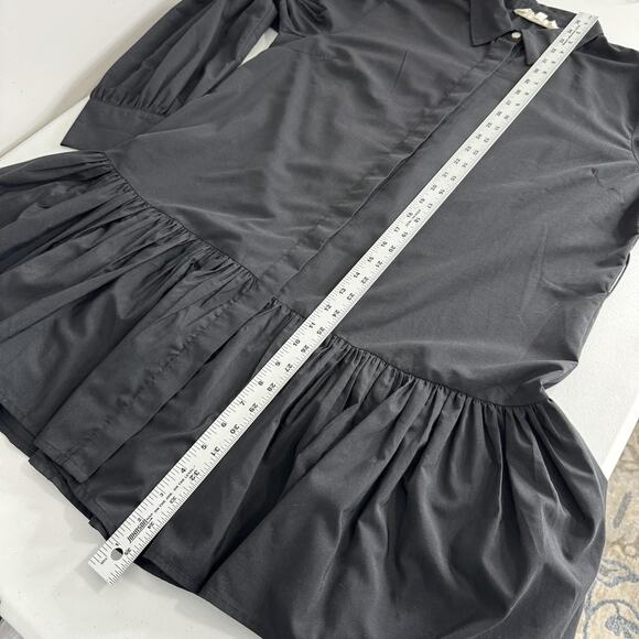 Wishing Waves Belted Shirt Dress Womens Large Black Poplin Mini Ruffle Hem - Picture 12 of 15